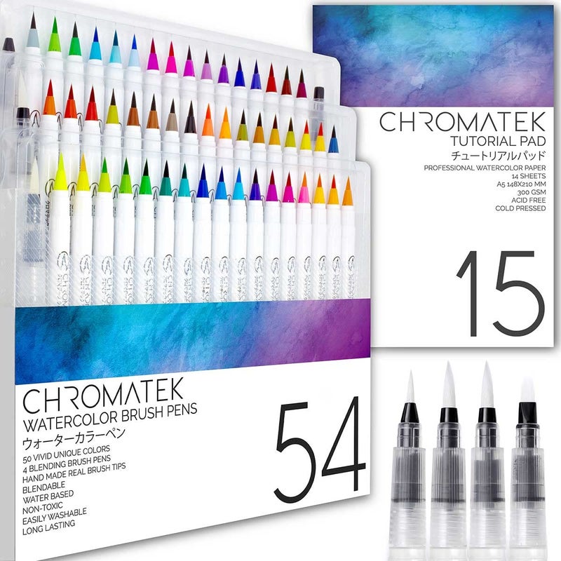 CHROMATEK 54 Watercolor Pens Set | Including 15 Page Pad & Online Video Tutorial Series | 4 Aquapens & 50 Unique Colors | Brush Pens | Easily Blendable, Vivid, Smooth | Professional Art Supplies - Image 1